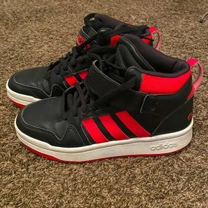 Red and black Adidas cloudfoam high tops